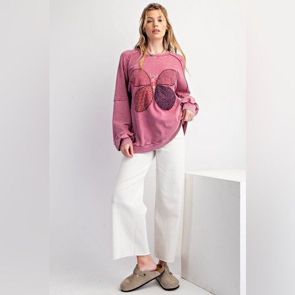 77. LAST 1! Easel Pink Sweatshirt Embroidered Applique Flower Patch Butterfly - Picture 4 of 5